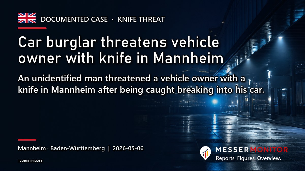 Title image: Car burglar threatens vehicle owner with knife in Mannheim. An unidentified man threatened a vehicle owner with a knife in Mannheim after being caught breaking into his car..