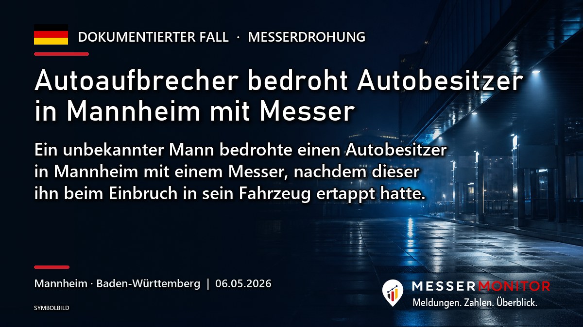 Titelgrafik: Autoaufbrecher bedroht Autobesitzer in Mannheim mit Messer. Ein unbekannter Mann bedrohte einen Autobesitzer in Mannheim mit einem Messer, nachdem dieser ihn beim Einbruch in sein Fahrzeug ertappt hatte..