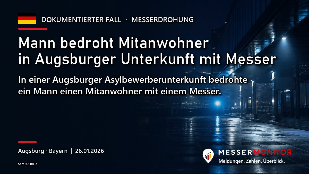 Titelgrafik: Mann bedroht Mitanwohner in Augsburger Unterkunft mit Messer. In einer Augsburger Asylbewerberunterkunft bedrohte ein Mann einen Mitanwohner mit einem Messer..