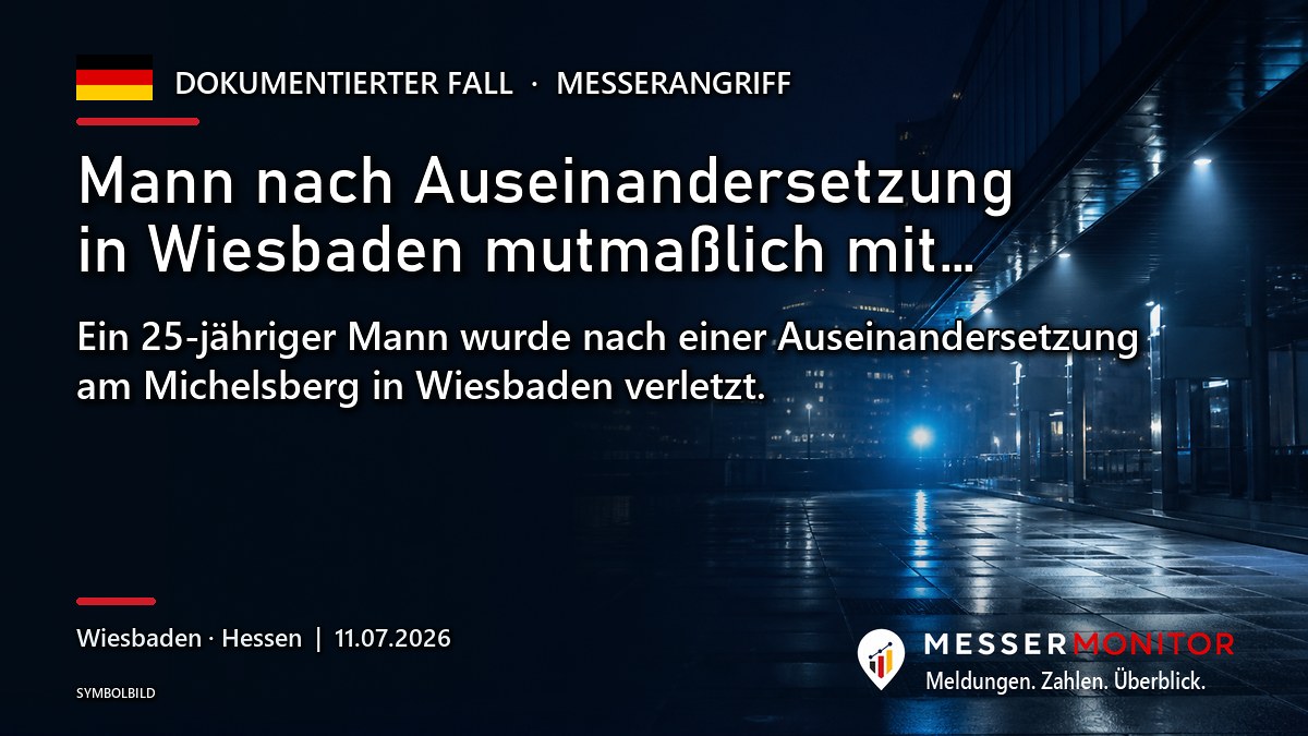 Titelgrafik: Mann nach Auseinandersetzung in Wiesbaden mutmaßlich mit…. Ein 25-jähriger Mann wurde nach einer Auseinandersetzung am Michelsberg in Wiesbaden verletzt..