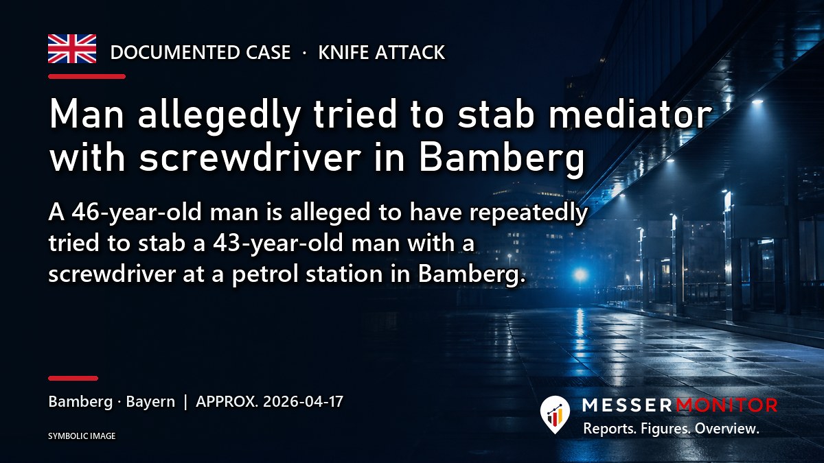 Title image: Man allegedly tried to stab mediator with screwdriver in Bamberg. A 46-year-old man is alleged to have repeatedly tried to stab a 43-year-old man with a screwdriver at a petrol station in Bamberg..