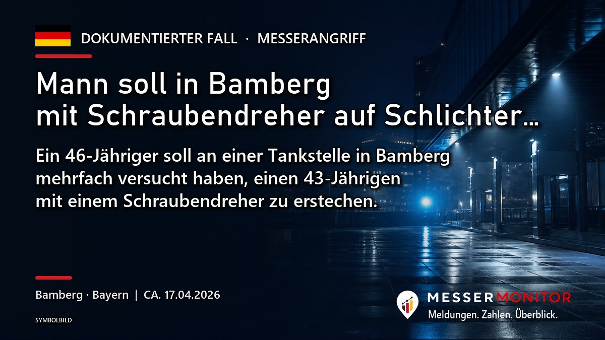 Titelgrafik: Mann soll in Bamberg mit Schraubendreher auf Schlichter…. Ein 46-Jähriger soll an einer Tankstelle in Bamberg mehrfach versucht haben, einen 43-Jährigen mit einem Schraubendreher zu erstechen..