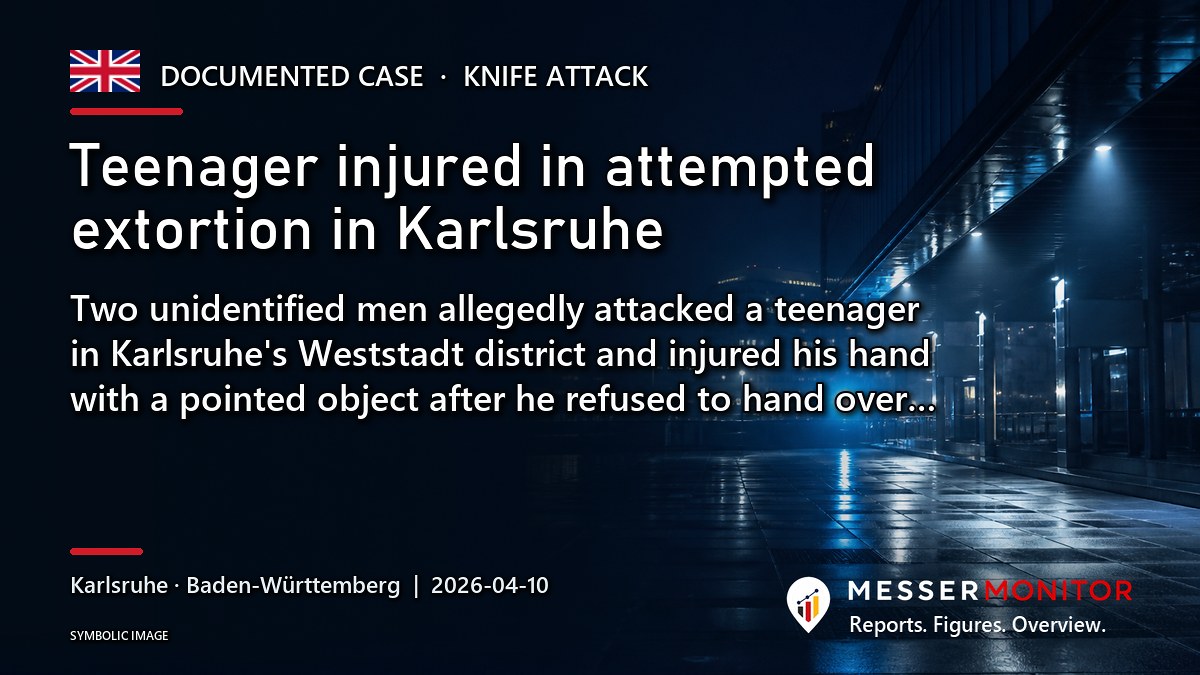 Title image: Teenager injured in attempted extortion in Karlsruhe. Two unidentified men allegedly attacked a teenager in Karlsruhe's Weststadt district and injured his hand with a pointed object after he refused to hand over….