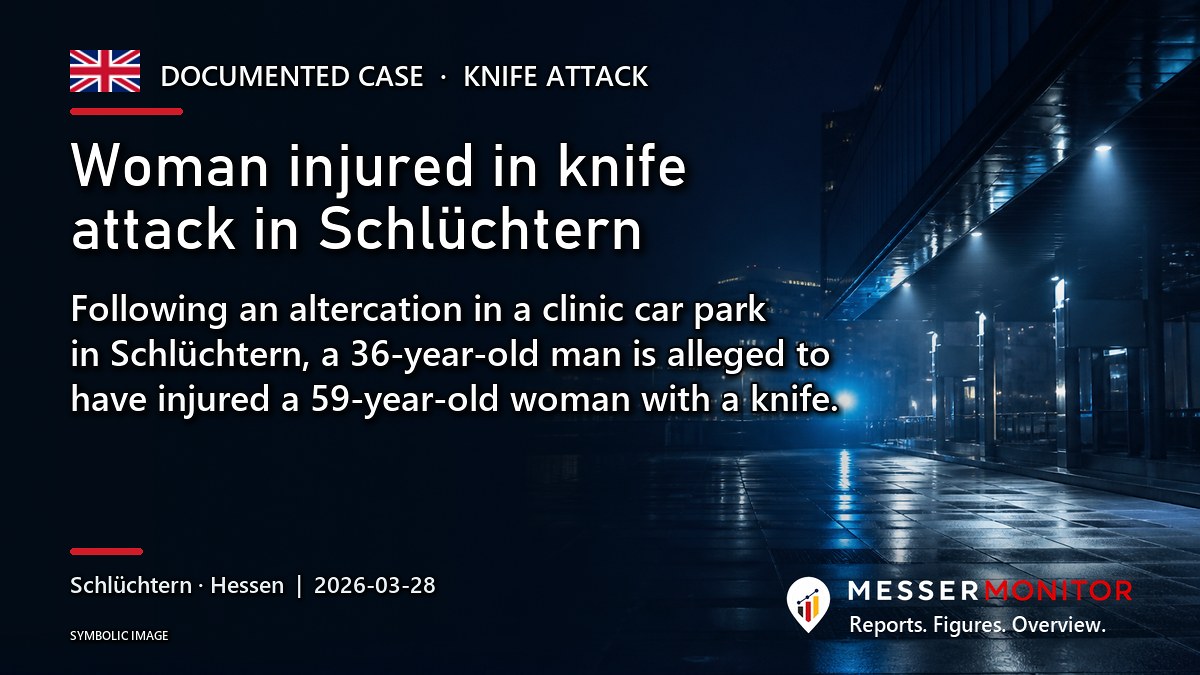 Title image: Woman injured in knife attack in Schlüchtern. Following an altercation in a clinic car park in Schlüchtern, a 36-year-old man is alleged to have injured a 59-year-old woman with a knife..