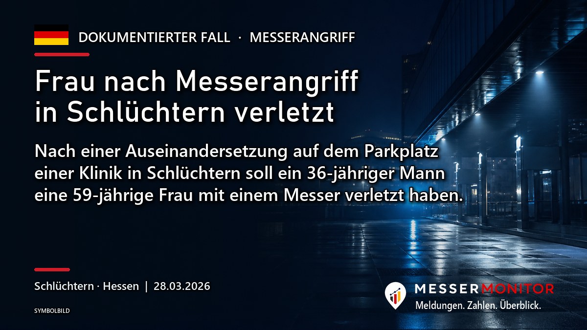 Titelgrafik: Frau nach Messerangriff in Schlüchtern verletzt. Nach einer Auseinandersetzung auf dem Parkplatz einer Klinik in Schlüchtern soll ein 36-jähriger Mann eine 59-jährige Frau mit einem Messer verletzt haben..