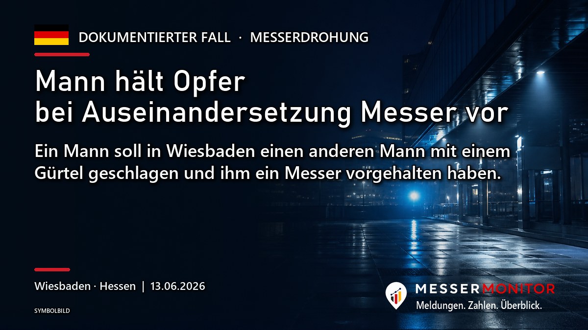 Titelgrafik: Mann hält Opfer bei Auseinandersetzung Messer vor. Ein Mann soll in Wiesbaden einen anderen Mann mit einem Gürtel geschlagen und ihm ein Messer vorgehalten haben..