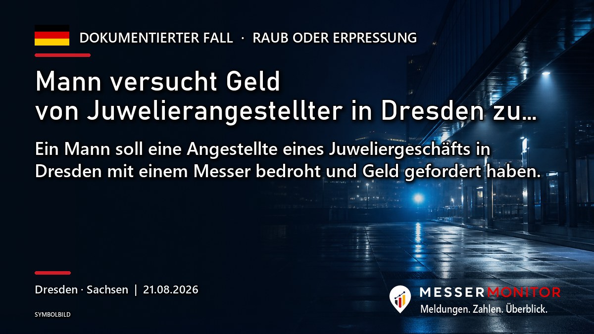 Titelgrafik: Mann versucht Geld von Juwelierangestellter in Dresden zu…. Ein Mann soll eine Angestellte eines Juweliergeschäfts in Dresden mit einem Messer bedroht und Geld gefordert haben..