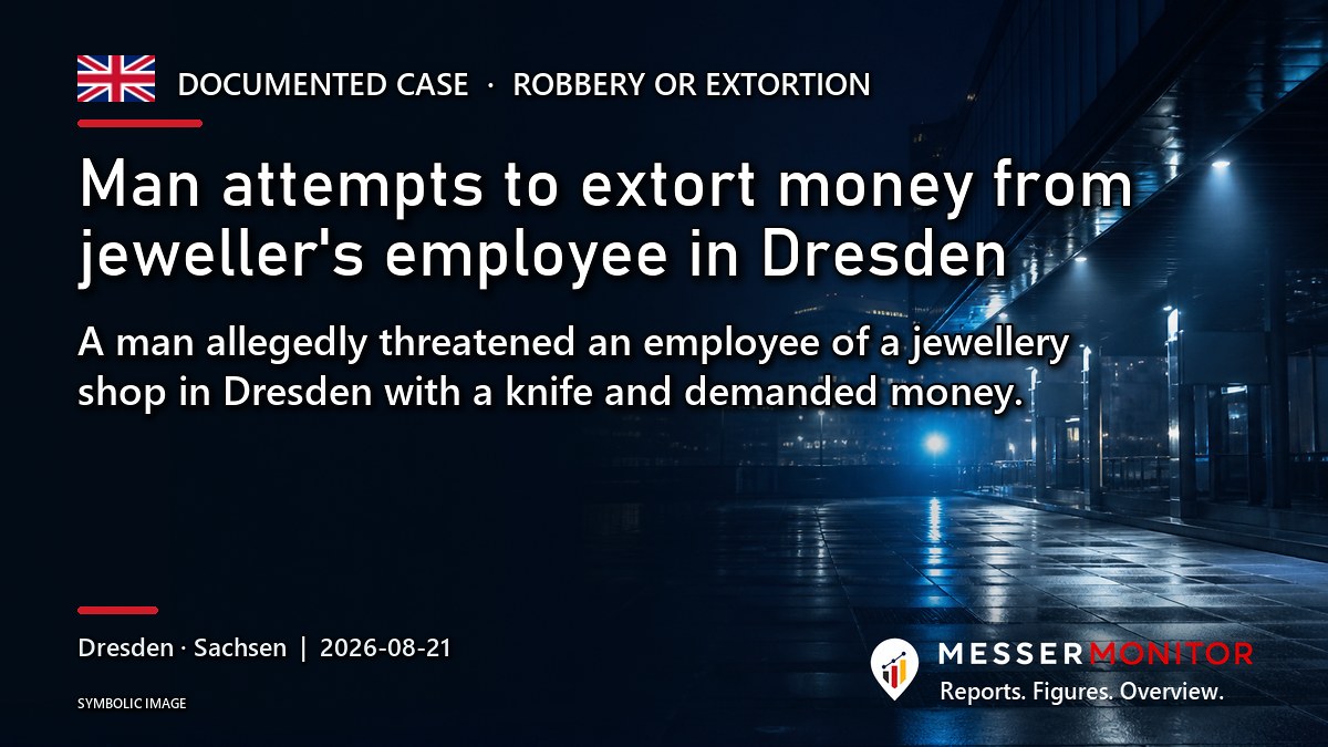 Title image: Man attempts to extort money from jeweller's employee in Dresden. A man allegedly threatened an employee of a jewellery shop in Dresden with a knife and demanded money..