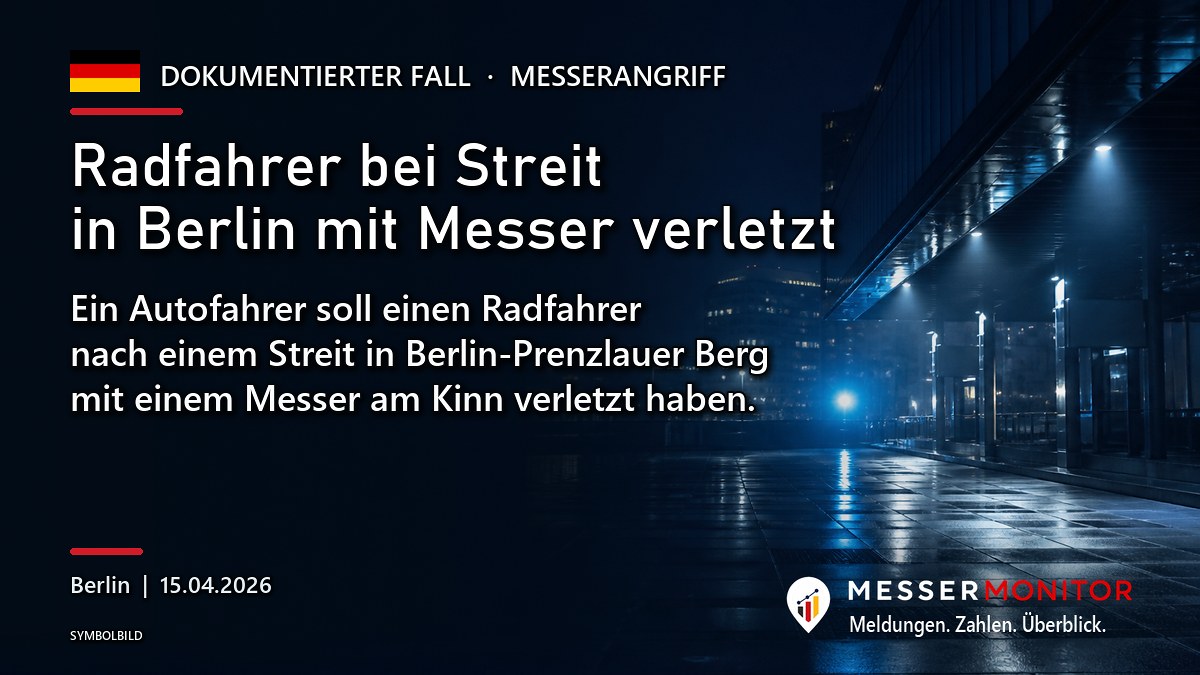 Titelgrafik: Radfahrer bei Streit in Berlin mit Messer verletzt. Ein Autofahrer soll einen Radfahrer nach einem Streit in Berlin-Prenzlauer Berg mit einem Messer am Kinn verletzt haben..