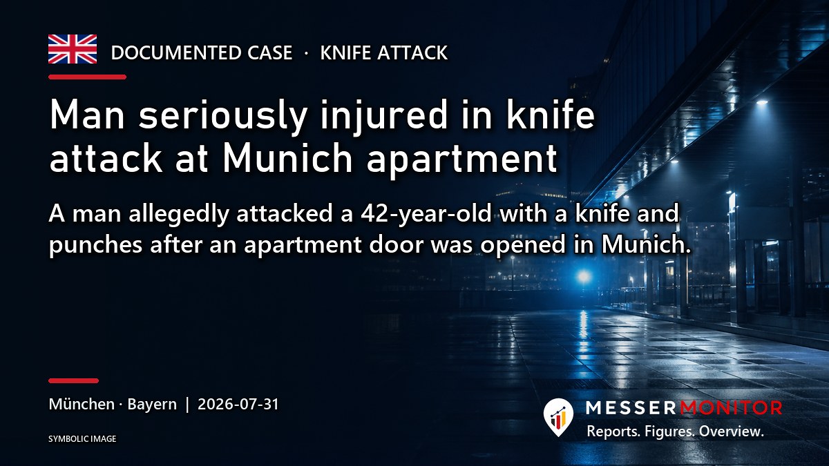 Title image: Man seriously injured in knife attack at Munich apartment. A man allegedly attacked a 42-year-old with a knife and punches after an apartment door was opened in Munich..