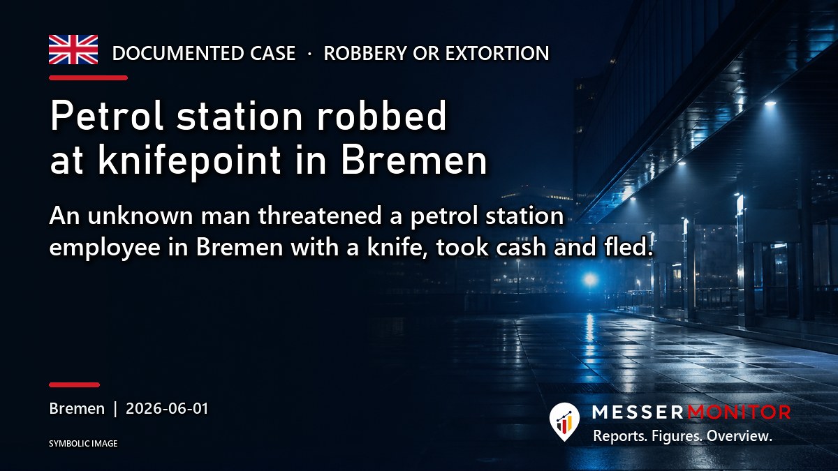 Title image: Petrol station robbed at knifepoint in Bremen. An unknown man threatened a petrol station employee in Bremen with a knife, took cash and fled..