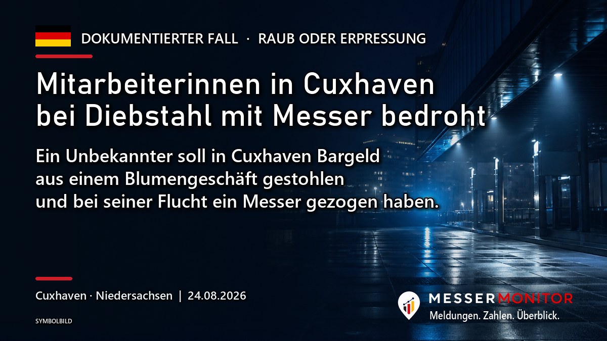 Titelgrafik: Mitarbeiterinnen in Cuxhaven bei Diebstahl mit Messer bedroht. Ein Unbekannter soll in Cuxhaven Bargeld aus einem Blumengeschäft gestohlen und bei seiner Flucht ein Messer gezogen haben..