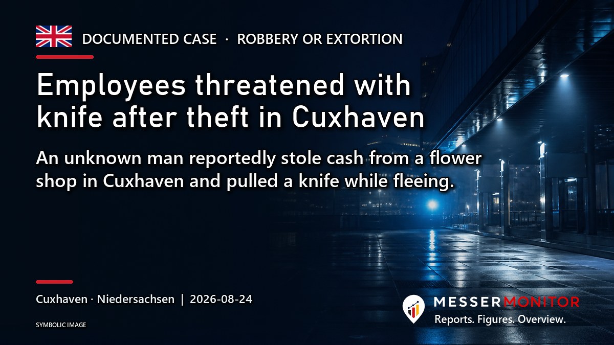 Title image: Employees threatened with knife after theft in Cuxhaven. An unknown man reportedly stole cash from a flower shop in Cuxhaven and pulled a knife while fleeing..