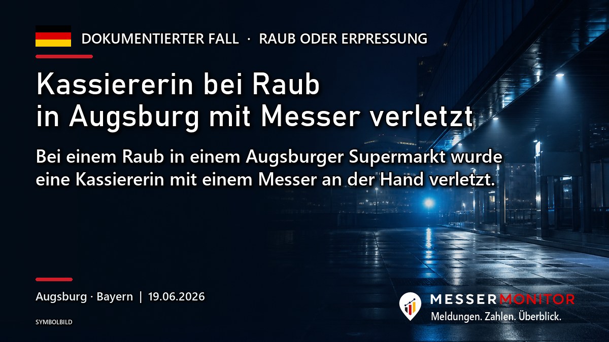 Titelgrafik: Kassiererin bei Raub in Augsburg mit Messer verletzt. Bei einem Raub in einem Augsburger Supermarkt wurde eine Kassiererin mit einem Messer an der Hand verletzt..
