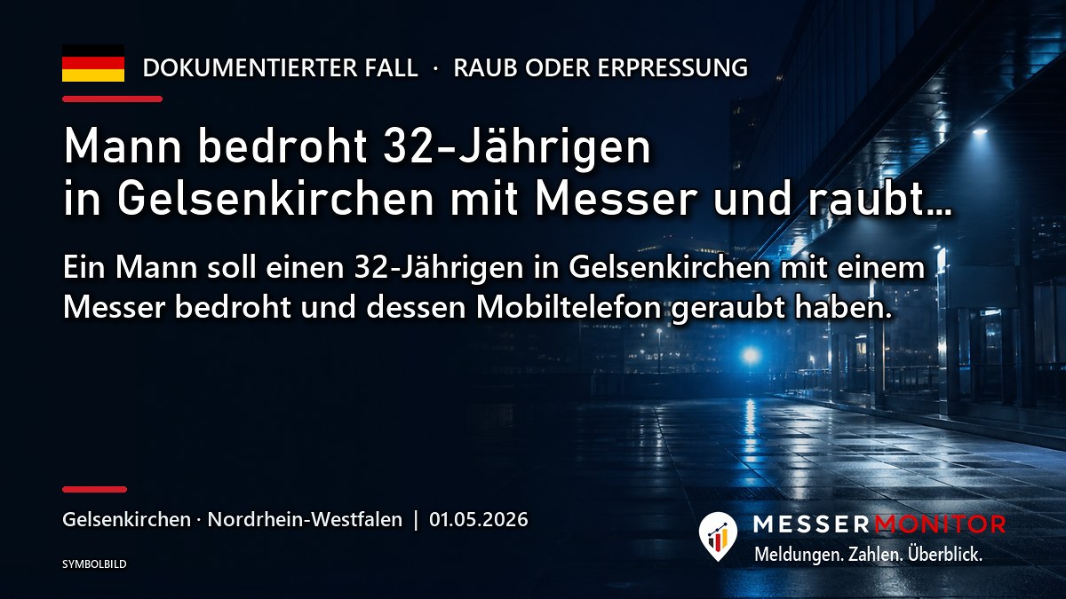 Titelgrafik: Mann bedroht 32-Jährigen in Gelsenkirchen mit Messer und raubt…. Ein Mann soll einen 32-Jährigen in Gelsenkirchen mit einem Messer bedroht und dessen Mobiltelefon geraubt haben..