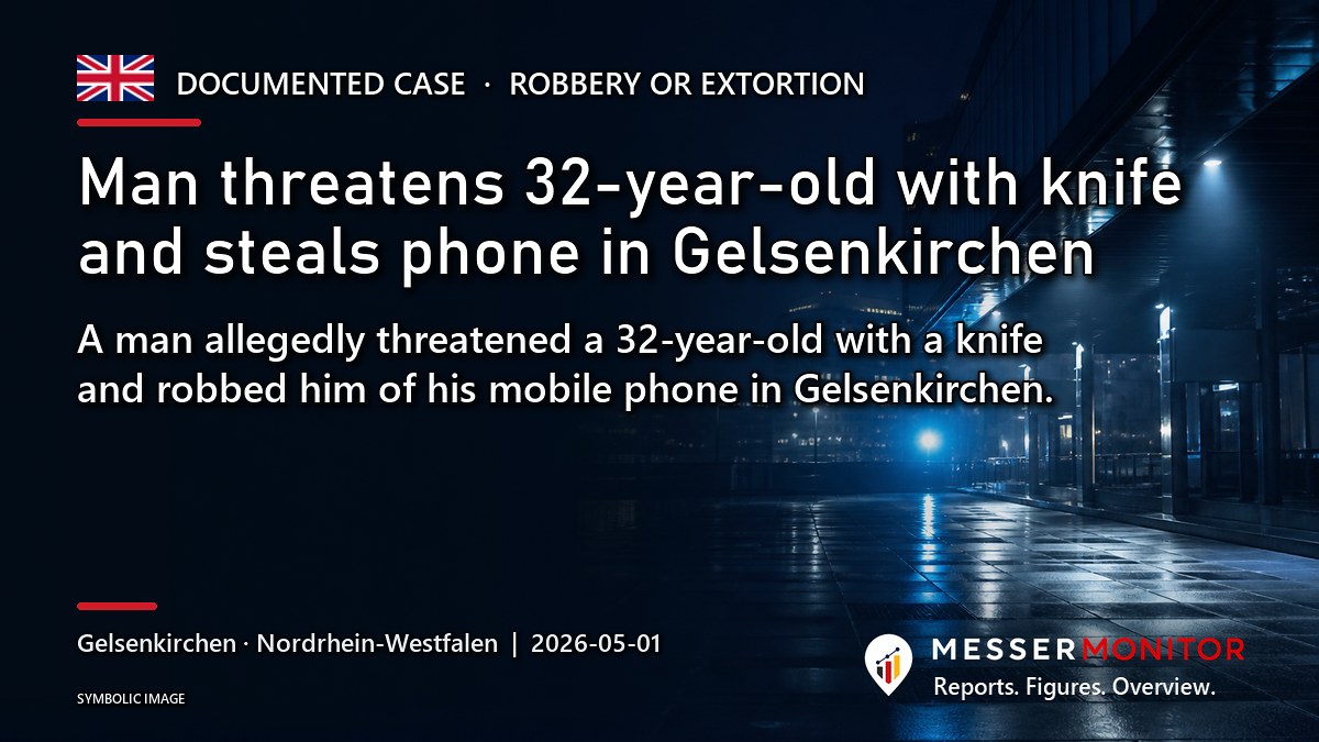 Title image: Man threatens 32-year-old with knife and steals phone in Gelsenkirchen. A man allegedly threatened a 32-year-old with a knife and robbed him of his mobile phone in Gelsenkirchen..
