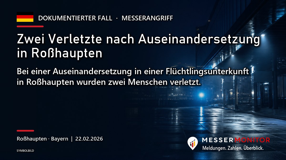 Titelgrafik: Zwei Verletzte nach Auseinandersetzung in Roßhaupten. Bei einer Auseinandersetzung in einer Flüchtlingsunterkunft in Roßhaupten wurden zwei Menschen verletzt..