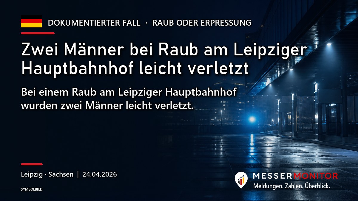 Titelgrafik: Zwei Männer bei Raub am Leipziger Hauptbahnhof leicht verletzt. Bei einem Raub am Leipziger Hauptbahnhof wurden zwei Männer leicht verletzt..