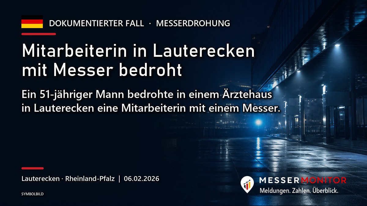 Titelgrafik: Mitarbeiterin in Lauterecken mit Messer bedroht. Ein 51-jähriger Mann bedrohte in einem Ärztehaus in Lauterecken eine Mitarbeiterin mit einem Messer..