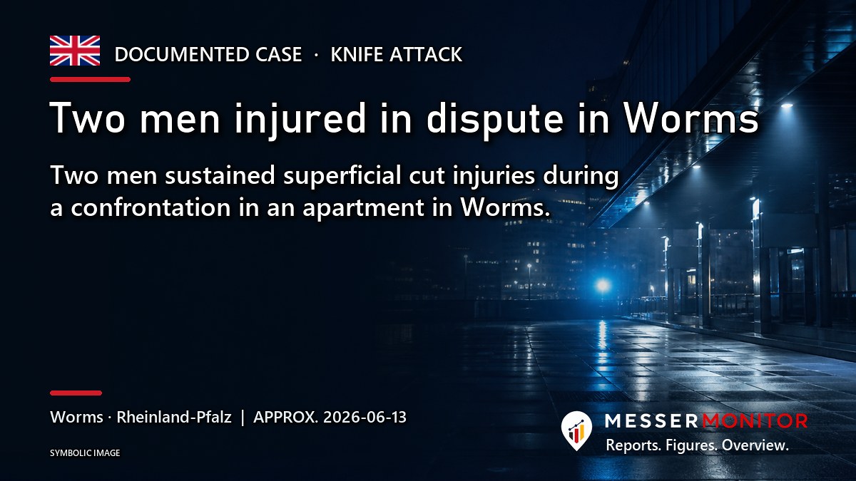 Title image: Two men injured in dispute in Worms. Two men sustained superficial cut injuries during a confrontation in an apartment in Worms..