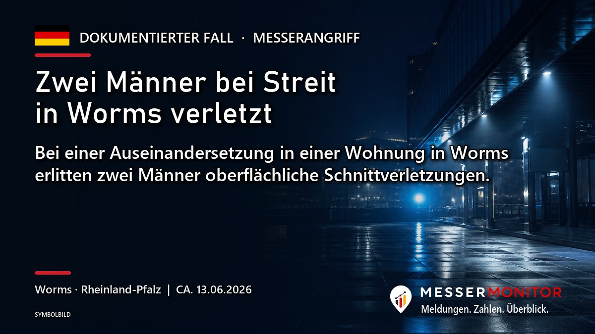 Titelgrafik: Zwei Männer bei Streit in Worms verletzt. Bei einer Auseinandersetzung in einer Wohnung in Worms erlitten zwei Männer oberflächliche Schnittverletzungen..