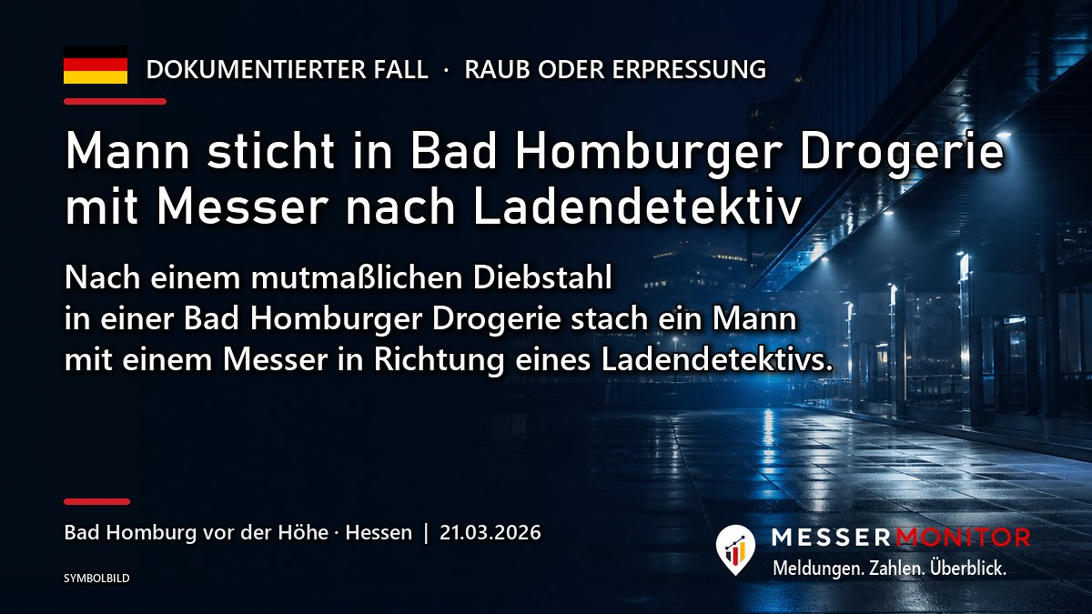 Titelgrafik: Mann sticht in Bad Homburger Drogerie mit Messer nach Ladendetektiv. Nach einem mutmaßlichen Diebstahl in einer Bad Homburger Drogerie stach ein Mann mit einem Messer in Richtung eines Ladendetektivs..