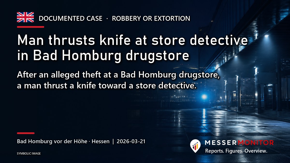 Title image: Man thrusts knife at store detective in Bad Homburg drugstore. After an alleged theft at a Bad Homburg drugstore, a man thrust a knife toward a store detective..