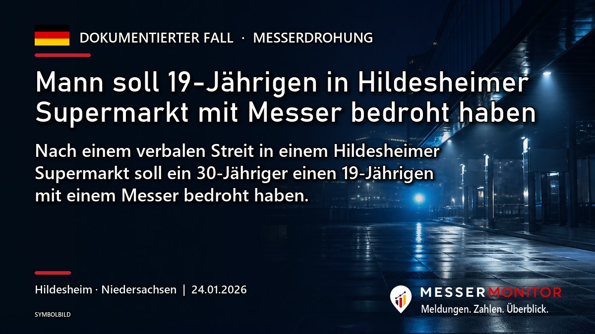 Titelgrafik: Mann soll 19-Jährigen in Hildesheimer Supermarkt mit Messer bedroht haben. Nach einem verbalen Streit in einem Hildesheimer Supermarkt soll ein 30-Jähriger einen 19-Jährigen mit einem Messer bedroht haben..