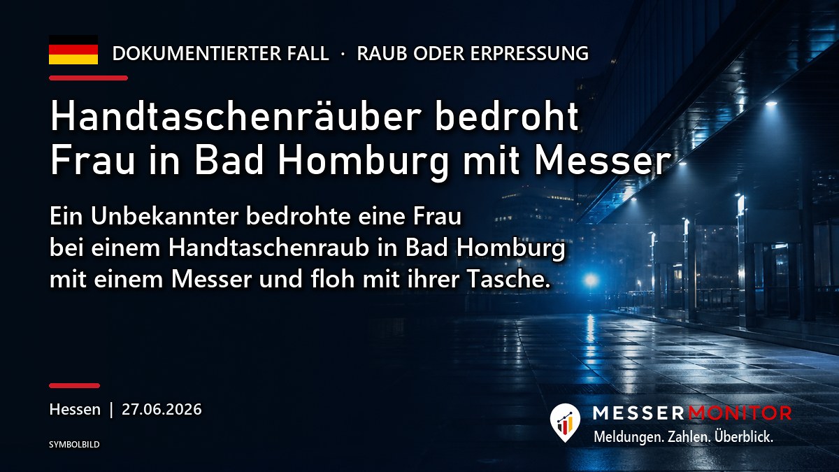 Titelgrafik: Handtaschenräuber bedroht Frau in Bad Homburg mit Messer. Ein Unbekannter bedrohte eine Frau bei einem Handtaschenraub in Bad Homburg mit einem Messer und floh mit ihrer Tasche..
