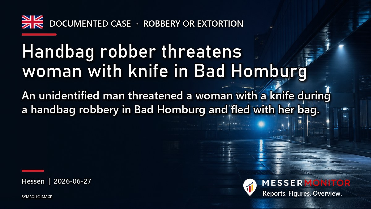 Title image: Handbag robber threatens woman with knife in Bad Homburg. An unidentified man threatened a woman with a knife during a handbag robbery in Bad Homburg and fled with her bag..