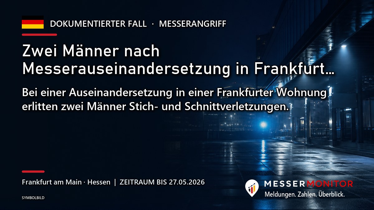 Titelgrafik: Zwei Männer nach Messerauseinandersetzung in Frankfurt…. Bei einer Auseinandersetzung in einer Frankfurter Wohnung erlitten zwei Männer Stich- und Schnittverletzungen..