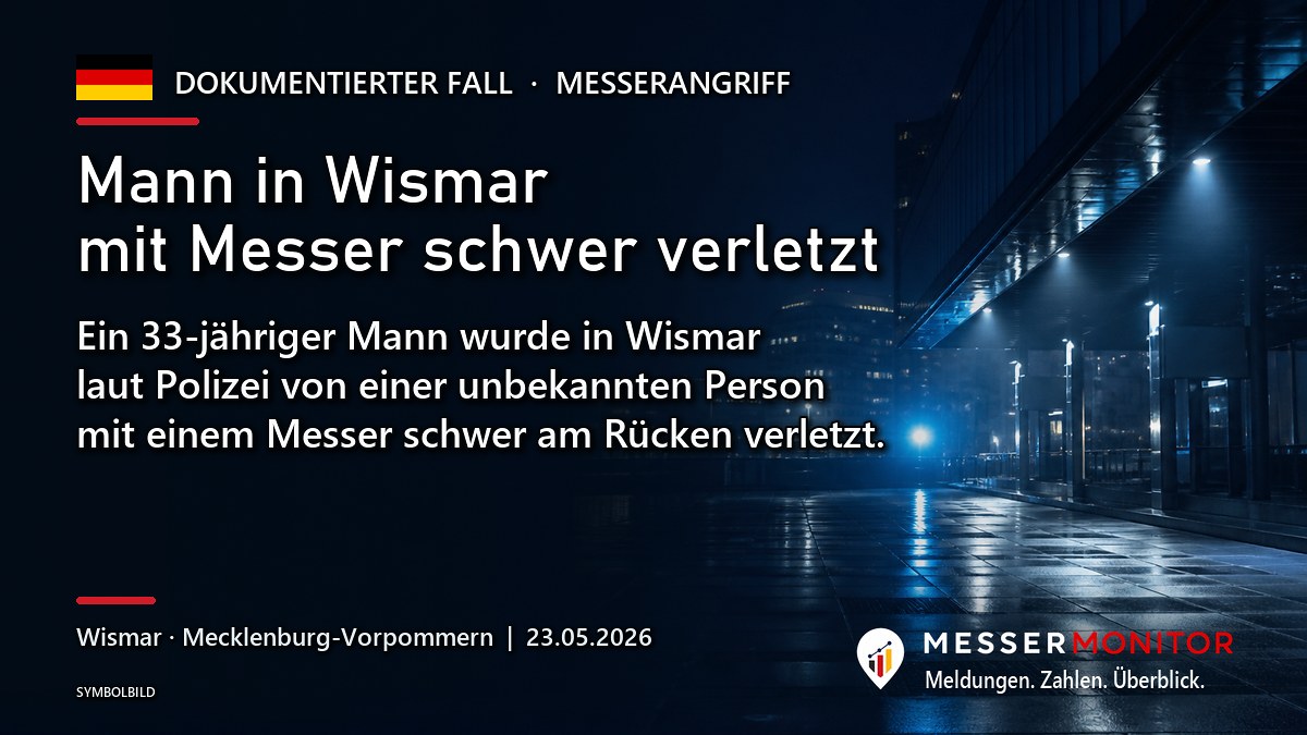 Titelgrafik: Mann in Wismar mit Messer schwer verletzt. Ein 33-jähriger Mann wurde in Wismar laut Polizei von einer unbekannten Person mit einem Messer schwer am Rücken verletzt..