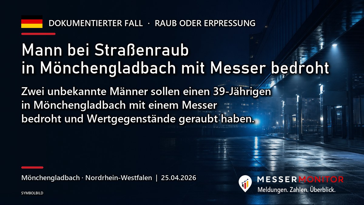 Titelgrafik: Mann bei Straßenraub in Mönchengladbach mit Messer bedroht. Zwei unbekannte Männer sollen einen 39-Jährigen in Mönchengladbach mit einem Messer bedroht und Wertgegenstände geraubt haben..