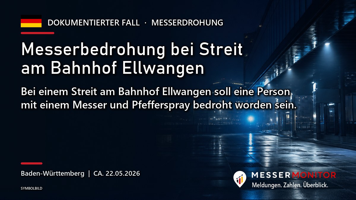 Titelgrafik: Messerbedrohung bei Streit am Bahnhof Ellwangen. Bei einem Streit am Bahnhof Ellwangen soll eine Person mit einem Messer und Pfefferspray bedroht worden sein..