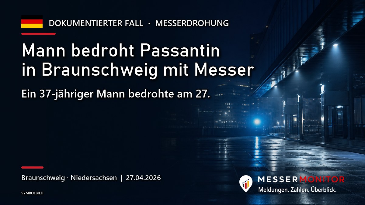 Titelgrafik: Mann bedroht Passantin in Braunschweig mit Messer. Ein 37-jähriger Mann bedrohte am 27..