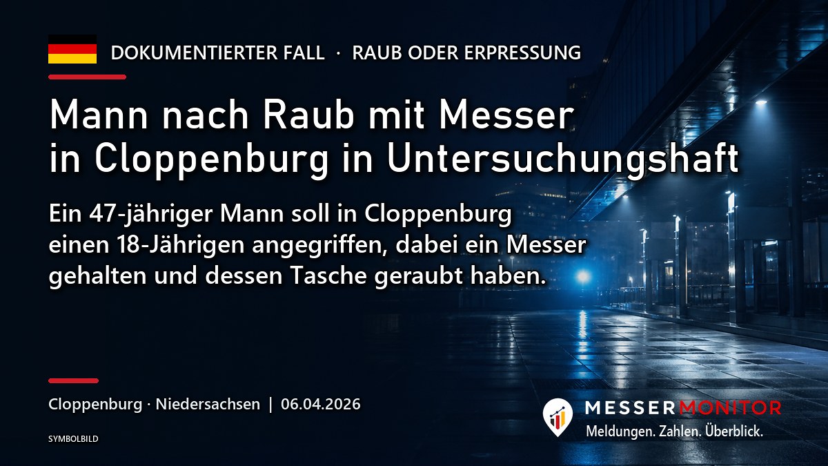 Titelgrafik: Mann nach Raub mit Messer in Cloppenburg in Untersuchungshaft. Ein 47-jähriger Mann soll in Cloppenburg einen 18-Jährigen angegriffen, dabei ein Messer gehalten und dessen Tasche geraubt haben..