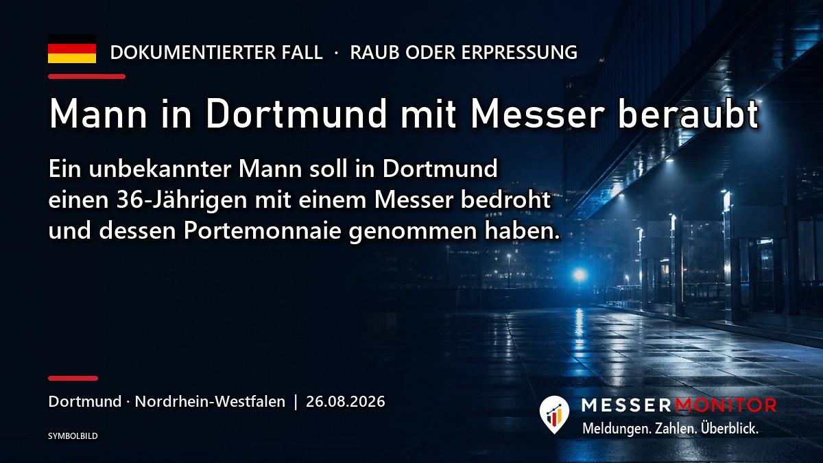 Titelgrafik: Mann in Dortmund mit Messer beraubt. Ein unbekannter Mann soll in Dortmund einen 36-Jährigen mit einem Messer bedroht und dessen Portemonnaie genommen haben..
