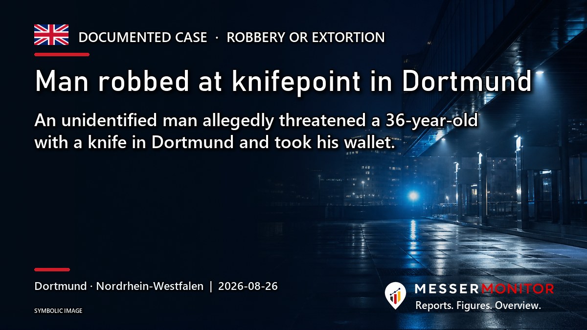 Title image: Man robbed at knifepoint in Dortmund. An unidentified man allegedly threatened a 36-year-old with a knife in Dortmund and took his wallet..