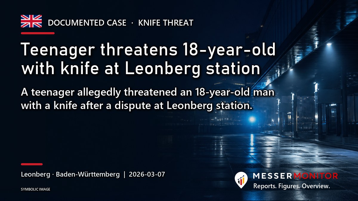 Title image: Teenager threatens 18-year-old with knife at Leonberg station. A teenager allegedly threatened an 18-year-old man with a knife after a dispute at Leonberg station..
