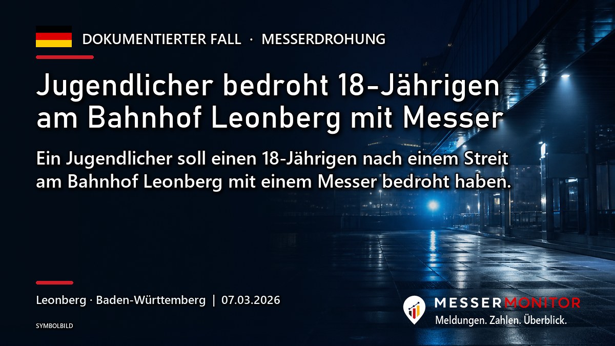 Titelgrafik: Jugendlicher bedroht 18-Jährigen am Bahnhof Leonberg mit Messer. Ein Jugendlicher soll einen 18-Jährigen nach einem Streit am Bahnhof Leonberg mit einem Messer bedroht haben..