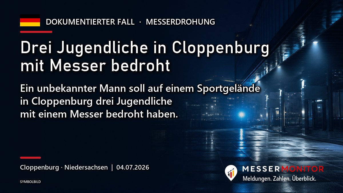 Titelgrafik: Drei Jugendliche in Cloppenburg mit Messer bedroht. Ein unbekannter Mann soll auf einem Sportgelände in Cloppenburg drei Jugendliche mit einem Messer bedroht haben..