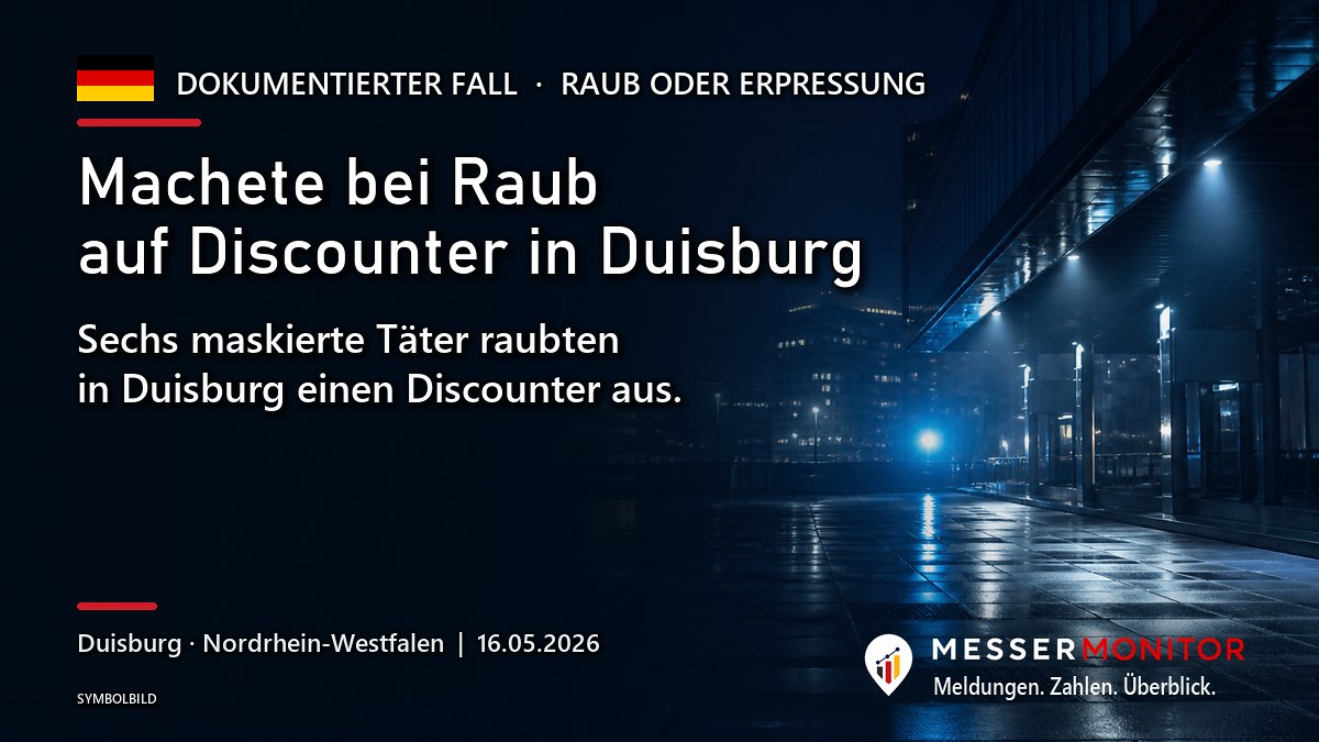 Titelgrafik: Machete bei Raub auf Discounter in Duisburg. Sechs maskierte Täter raubten in Duisburg einen Discounter aus..