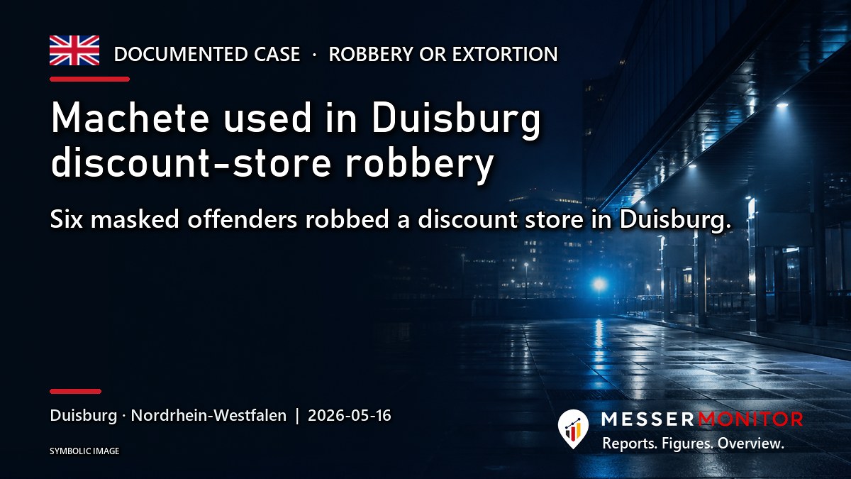Title image: Machete used in Duisburg discount-store robbery. Six masked offenders robbed a discount store in Duisburg..