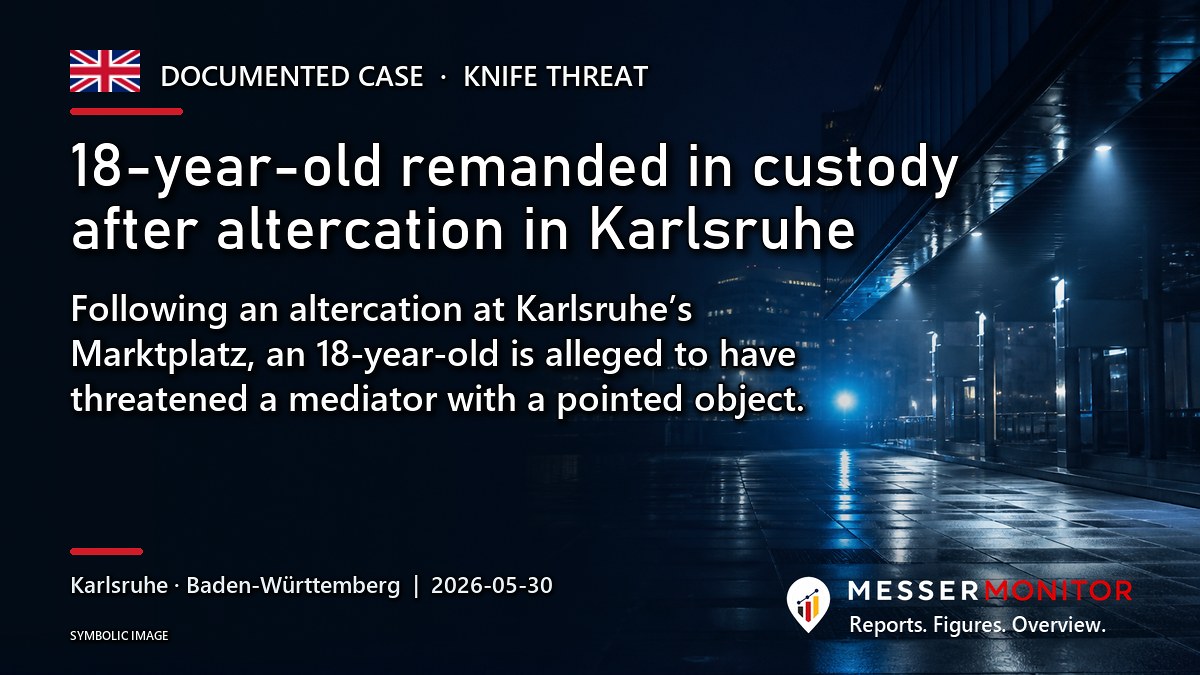 Title image: 18-year-old remanded in custody after altercation in Karlsruhe. Following an altercation at Karlsruhe’s Marktplatz, an 18-year-old is alleged to have threatened a mediator with a pointed object..