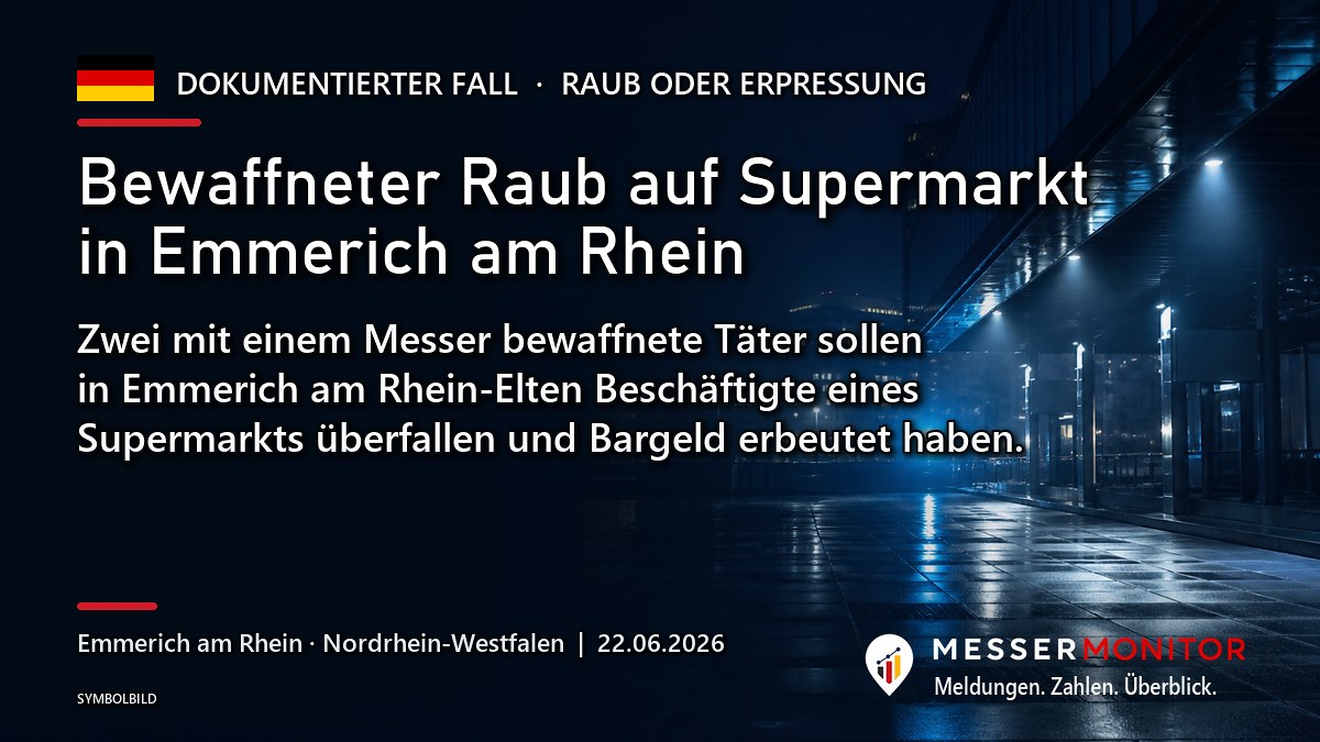 Titelgrafik: Bewaffneter Raub auf Supermarkt in Emmerich am Rhein. Zwei mit einem Messer bewaffnete Täter sollen in Emmerich am Rhein-Elten Beschäftigte eines Supermarkts überfallen und Bargeld erbeutet haben..