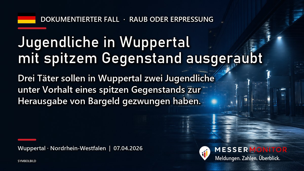 Titelgrafik: Jugendliche in Wuppertal mit spitzem Gegenstand ausgeraubt. Drei Täter sollen in Wuppertal zwei Jugendliche unter Vorhalt eines spitzen Gegenstands zur Herausgabe von Bargeld gezwungen haben..
