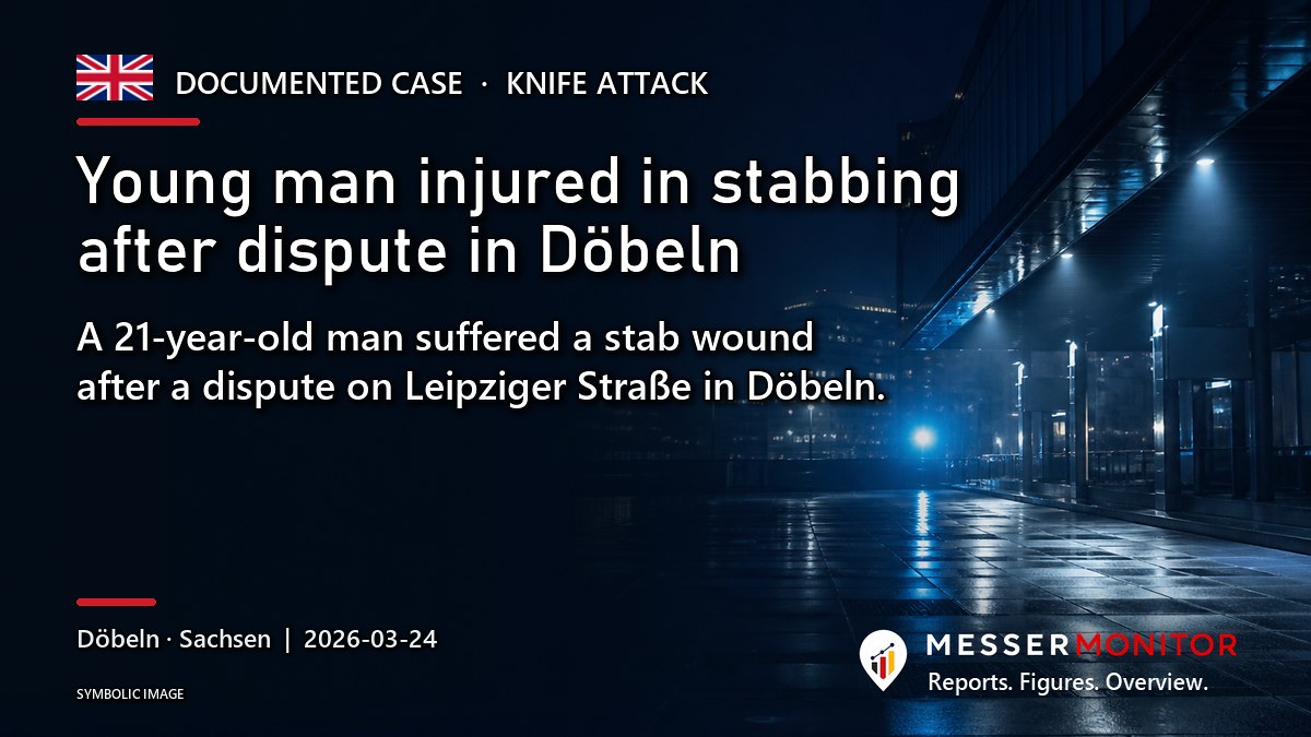 Title image: Young man injured in stabbing after dispute in Döbeln. A 21-year-old man suffered a stab wound after a dispute on Leipziger Straße in Döbeln..