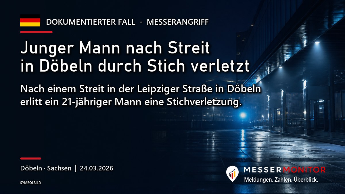 Titelgrafik: Junger Mann nach Streit in Döbeln durch Stich verletzt. Nach einem Streit in der Leipziger Straße in Döbeln erlitt ein 21-jähriger Mann eine Stichverletzung..