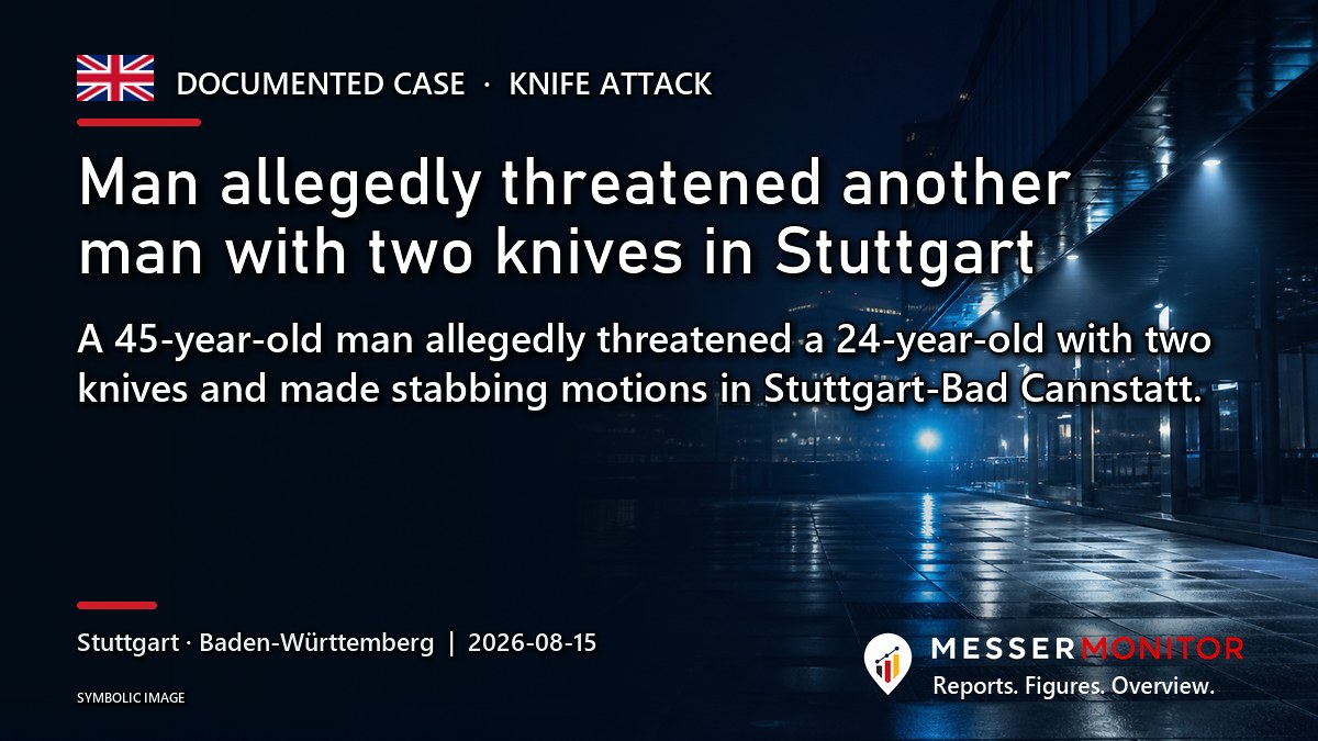 Title image: Man allegedly threatened another man with two knives in Stuttgart. A 45-year-old man allegedly threatened a 24-year-old with two knives and made stabbing motions in Stuttgart-Bad Cannstatt..