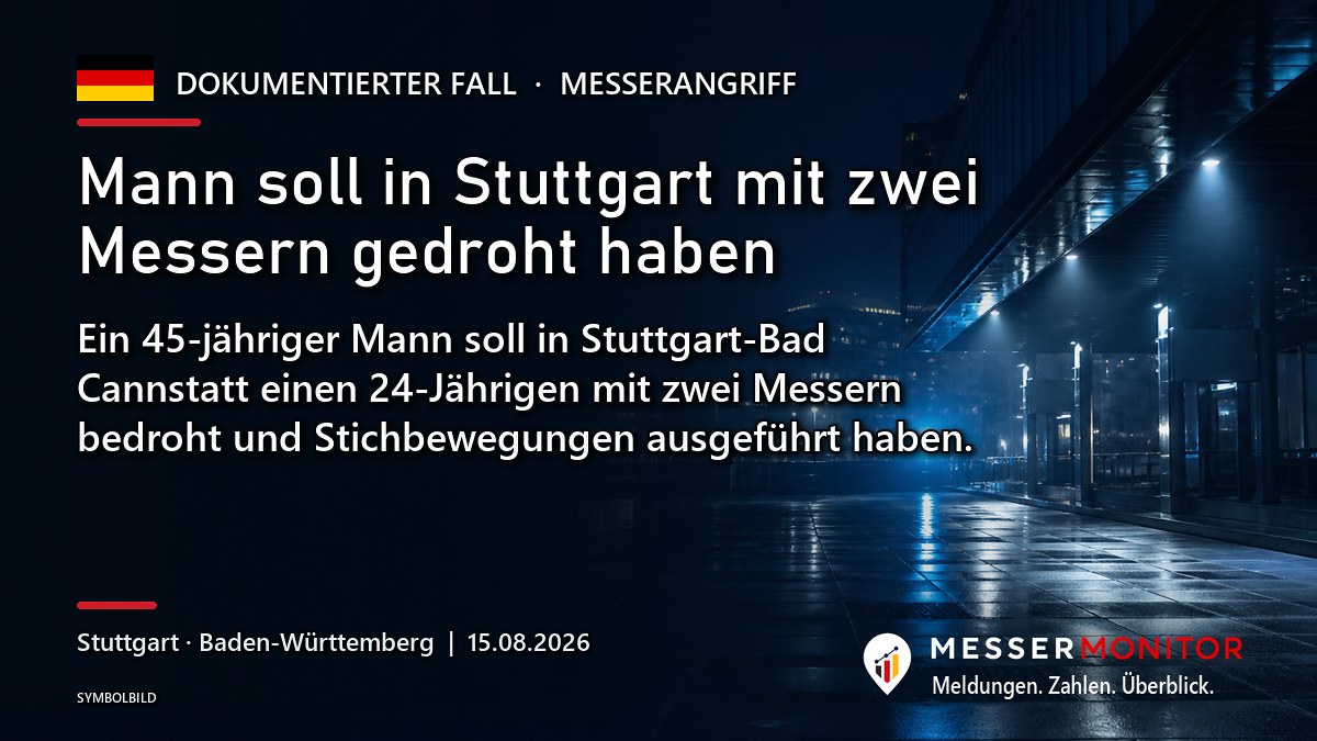 Titelgrafik: Mann soll in Stuttgart mit zwei Messern gedroht haben. Ein 45-jähriger Mann soll in Stuttgart-Bad Cannstatt einen 24-Jährigen mit zwei Messern bedroht und Stichbewegungen ausgeführt haben..